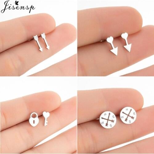 Jisensp Unique Fashion Stainless Steel Arrow Earrings New Creative Key Lock Compass Stud Earrings for Women Men Friendship Gift