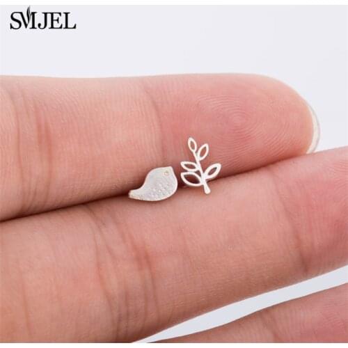 SMJEL kolczyki Matte Tree Branch Bird Stud Earrings For Women Creative Asymmetry Earings Fashion Jewelry boucle d’oreille