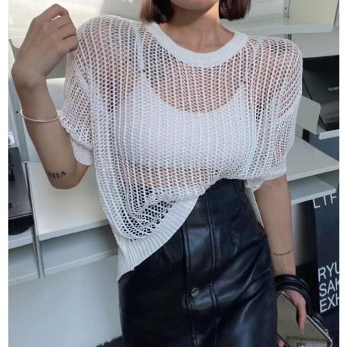 Summer O-Neck Hollow Out Pullover Irregular Tops Korean Womens Back Bandage Backless Sexy Knitwear Vintage Loose Knitted Sweater