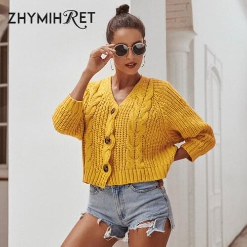 ZHYMIHRET 2019 Autumn Winter V Neck Buttons Short Cardigan Women Casual Single Breasted Knitted Sweater Long Sleeve Jacket