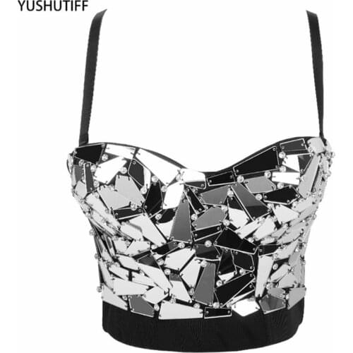 Sexy Performance Show Nightclub Beading Shiny Push Up Autumn Cropped Corset Tops Female Crop Top Mujer To Wear Out Camis DB903