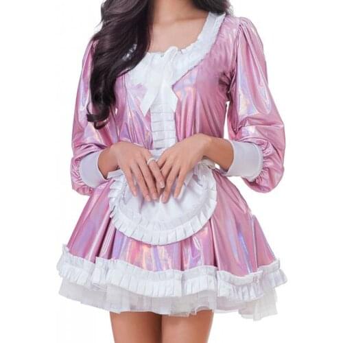 Women Fashion Long Sleeve Shiny Dress Stage Show Laser Color Clubwear High Quality French Maid Costume Uniform lolita clothes
