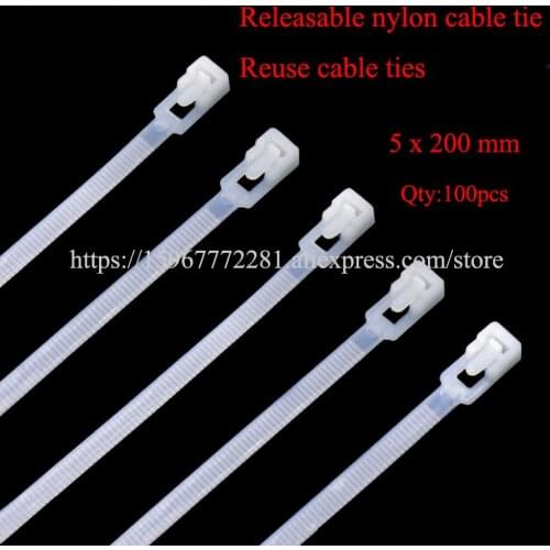 250PCS 5x200mm Releasable nylon cable tie for repeated use Zip Tie Loop Wire Wrap Eco-friendly loose buckle plastic nylon tie