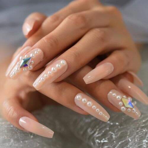 24pcs Long Desiged Coffin Fake Nails Glossy 3D Pearl Sweet Nude Press On Nails Customized Artificial Faux Ongles
