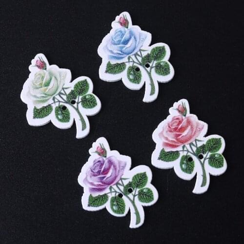 50 Pcs Rose Flower Painted Buttons 2 Holes Wooden Buttons for Crafting Sewing Card Making Scrapbooking DIY Crafts 85AC