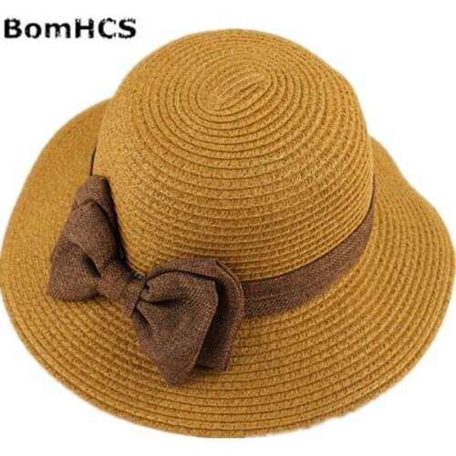 BomHCS Linen Bow Wide Brim Straw Hat Summer Flat Travel Beach Shopping Caps Sun Hats Women 17F-313MZ6