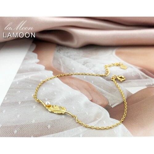 LAMOON Freshwater Pearl Bracelet 925 Sterling Silver Bracelet Woman 14k Gold Plated Fine Jewelry Elegant Feather LMHI063
