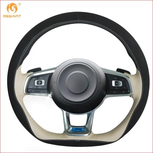 MEWANT Black Suede Black Beige Leather Steering Wheel Cover for Volkswagen Golf 7 GTI Golf R MK7 VW Polo GTI Scirocco 2015 2016