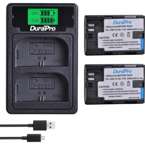 DuraPro 2pc 2000mAH LP-E6 LP-E6N LP E6 Camera Battery + LCD USB Charger with Type C For Canon EOS 5D Mark II III 7D 60D 6D