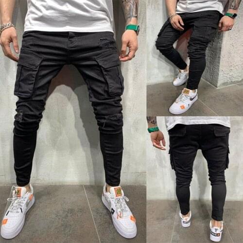 2021 Mens Multi-Pocket Skinny Jeans Men Summer Autumn Ripped Pencil Jeans Elasticity Casual Hip Hop Sport Jeans
