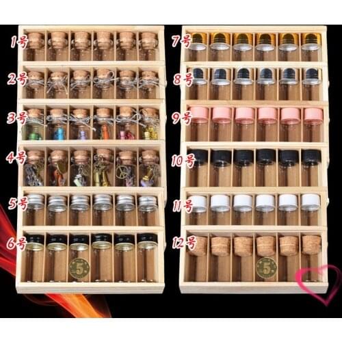 Many Assorted 6pcs Clear Glass Bottle in Wooden Box Cork Metal Top Home Powder Decor Vials Jar Wholesale