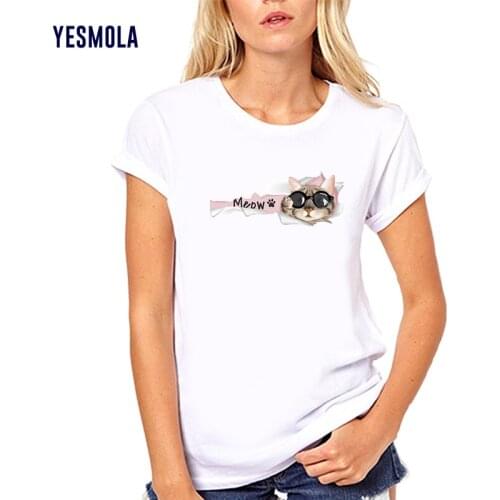 YESMOLA Womens T-shirt Cute 3d Meow Cat with Glasses T Shirt Ladies Summer Casual Top Short Sleeve Tops Tees Femme Tshirt