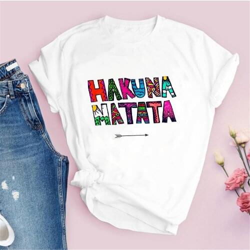 Summer Women T Shirts Hakuna Matata Colorful Letter Print Simple Basic White O-neck Girl Lady Tees Tops Tshirts Streetwear