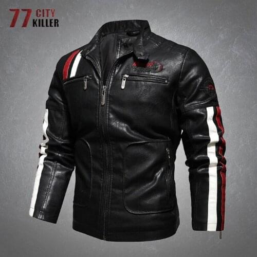 Mens Patchwork Leather Jacket Warm Stand Collar Multi-Pockets Zippers Faux Leather Jackets Male Outdoor Motorcycle Bomber Coats