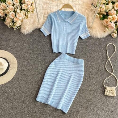 Sweet Casual Knitted Two Piece Set Women Sexy Crop Top + Bodycon Mini Skirt Set Girls Sweater & Skirt Suits 2pcs Women Outfits
