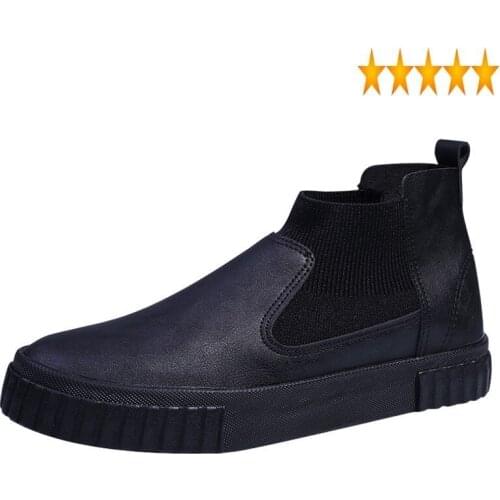 Top Casual Mens High Pu Leather Socks Slip On Loafers Male Leisure Flats Skateboard Shoes Winter Fleece Lining