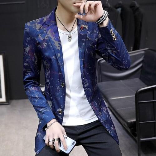 Chic Mens Blazers Jacket Single Breasted Slim Fit Long Sleeve Coat Print Black White Navy Male