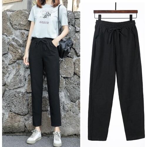 2021 New Spring Summer Pants Cotton Linen Solid Elastic waist Harem Trousers Soft thin Female ladys trousers S-XXL