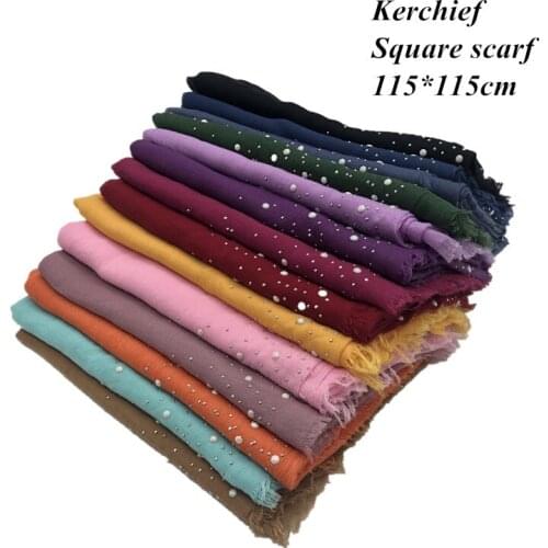 New design plain pearls studs hijabs square women viscose solid shawl nice beads scarf muslim kerchief wraps elegant 10pcs/lot