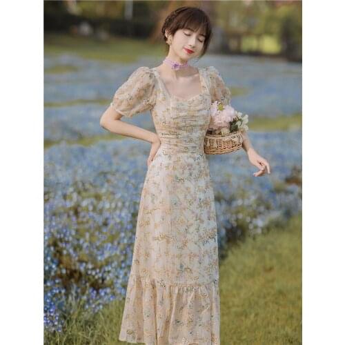 Summer French Retro Square Collar Floral Dress Ruffle Print Embroidery Slim Temperament Fairy First Love Dress