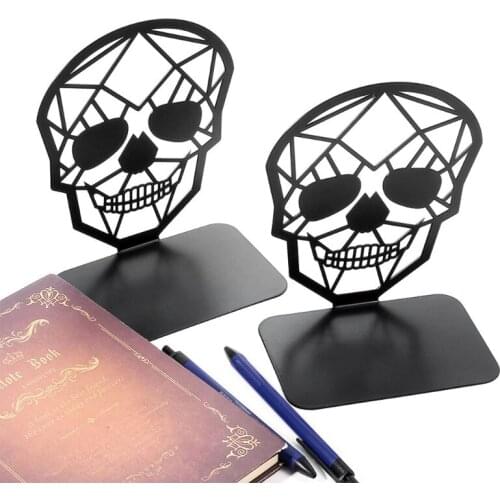 C5AD Hollow Skull Shape Desktop Nonskid Bookends Art Decorative Iron Desk Book End Metal Book Support for Shelves for Books Book
