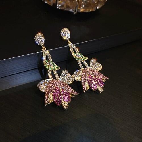 Luxury Full Shiny Rhinestone Flower Drop Earrings for Women Wedding Party Statement Earrings Fashion Jewelry
