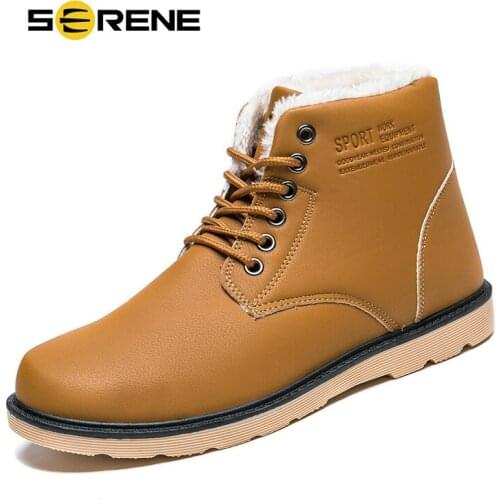 SERENE Fashion Leisure Leather Warm Fur Men Boots Winter Size 39-44 Non-slip Lace Up Ankle Male Shoes Cotton Tooling Footwear
