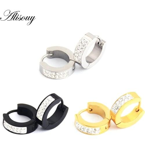 Brilliant quality Unisex Hoop Huggie Earrings Three Colors Punk Rhinestones Inlaid Stainless Steel Ear for Gift 1pair