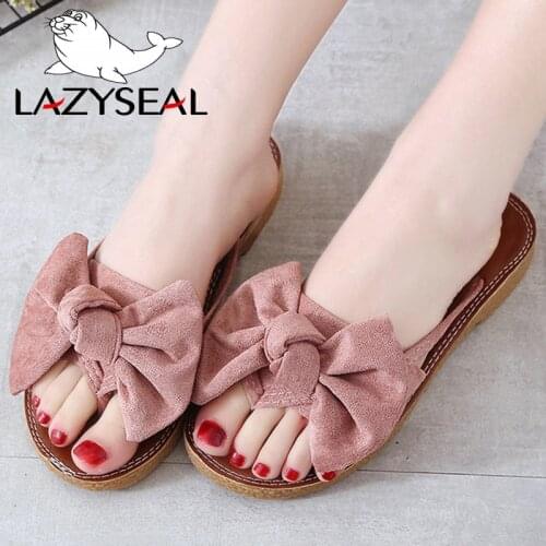 LazySeal New Women Slippers Bowknot Ladies Slides Summer Flat Sandals Soft Vacation Flock Beach Indoor Shoes Women Flip Flops