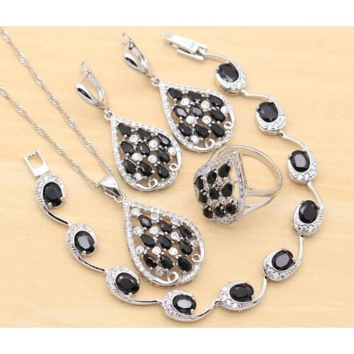 Mysterious Silver Color Jewelry Sets For Women Black Stones Ring Earrings Pendant Bracelet Wedding Necklace Free Gift Box