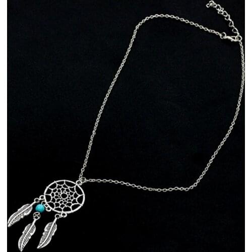 Blue Stone Ball Vintage Silver Plated Feather Tassel Round Net Pendant Boho Style Fashion Necklace for Women Jewelry