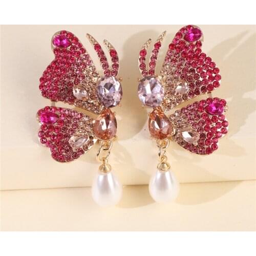 JURAN Luxury Fashion Rhinestone Butterfly Drop Earrings 2020 New Designs Wedding Dangle Pearl Earrings For Women Party Accessory