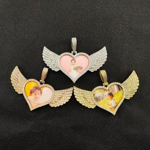 Hip Hop Jewelry Heart Shaped Wings Custom Photo Medallions Necklace Pendant Personalized Name Engraved Pendant Crystal Mens