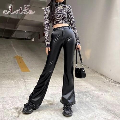 ArtSu Black Goth Faux Leather Flare Pants Women High Waisted Bottoms Academia Aesthetic Vintage High Street Trousers Y2K PA52416