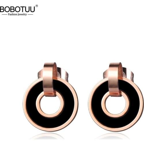 BOBOTUU Trendy Black Acrylic Double Circle Stud Earrings Rose Gold Color Stainless Steel Earrings Jewelry For Women BE17024