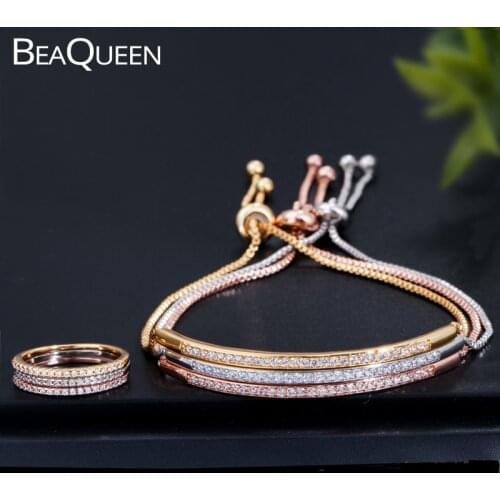 BeaQueen Micro Pave CZ Stone Adjustable Size Bracelets and Ring Cubic Zirconia Gold Color Women Fashion Jewlery Sets JS167