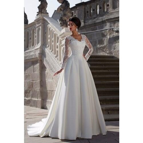 Robe de mariee 2018 New Vintage A line V neck Appliques Bridal Dress Cheap Long Sleeve Wedding Dresses vestido de casamento