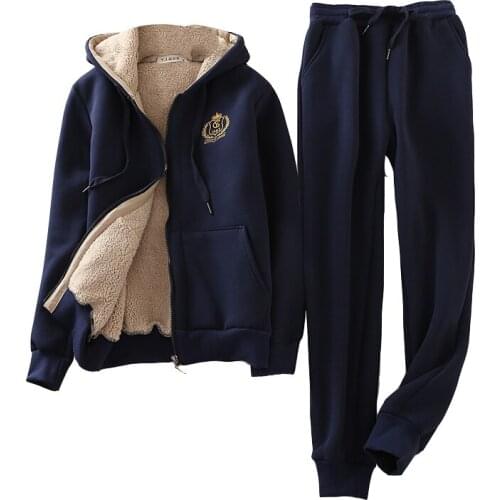 Winter cashmere womens sets 2 pcs. 2019 Fashion Warm Thick Zipper Hooded Jackets and Pants Sets Casual Loose Women Sets