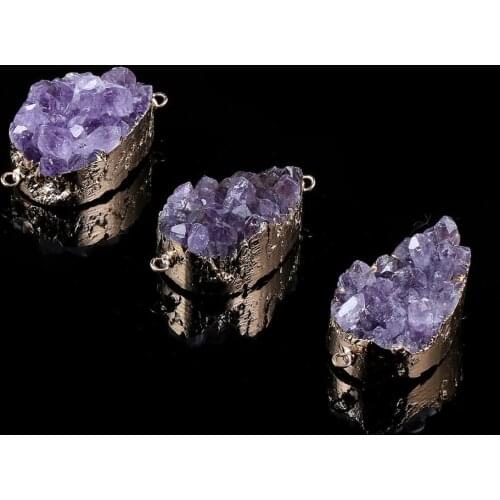 1pcs Natural Stone Charms Connectors Pendants Amethysts Gold Plated Double Hole Jewelry Making DIY Necklace Bracelets 25x45mm