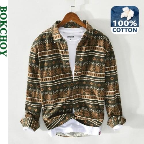 2021 Spring New Men Pure Cotton Print Shirts Bohemia Long Sleeve Z127