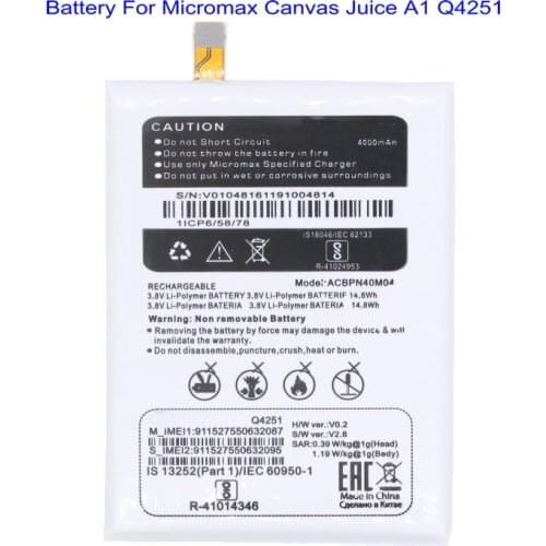 1x 4000mAh/14.8Wh ACBPN40M04 Phone Replacement Battery For Micromax Canvas Juice A1 Q4251 Batterie Bateria Batterij
