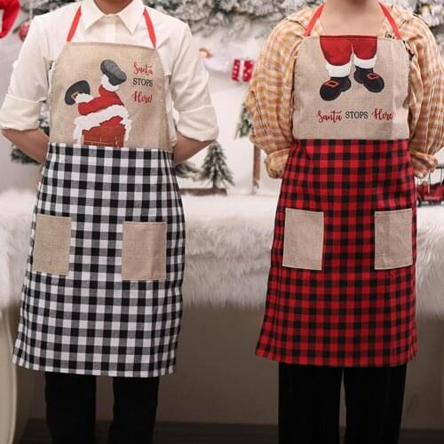 Christmas Apron Santa Apron Grid Easy to Wash Feet Decor Pockets Christmas Apron for Kitchen