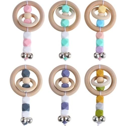 Baby Teether Rattle Toys Wooden Ring Silicone Beads Teething Soother with Bells