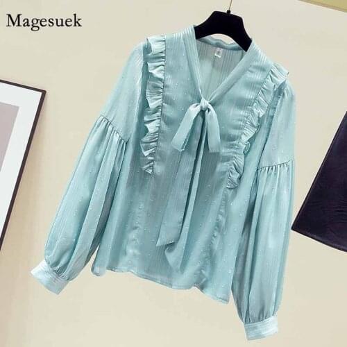 Elegant Puff Long Sleeve Bow V-neck Womens Shirt Autumn Hong Kong-Style Chiffon Blouse Green Ruffled Straight Pullover 11152