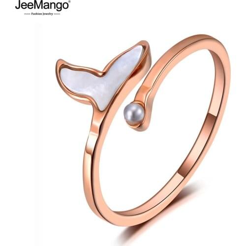 JeeMango Creative Titanium Steel White Shell Fish Tail Ring Jewelry Rose Gold Simulated Pearl Party Rings For Women Girl JR19143
