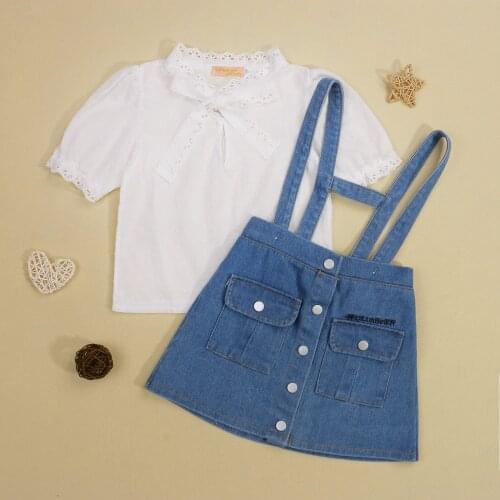 2pcs Summer Lovely Clothes For Kids Girls Suit Set Lace Sleeve Shirt+ Suspender Skirt Summer Children 2-10 Years Outwear