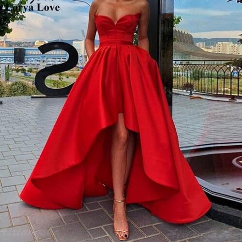 Short Front Long Back Prom Dresses 2020 Women Formal Party Vestidos De Gala Simple Strapless Satin Red Elegant Evening Gowns