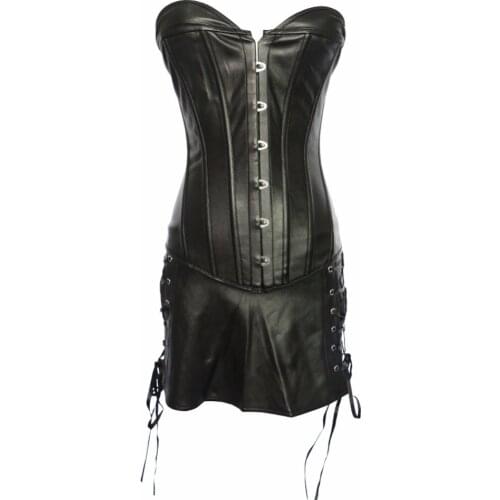 Faux leather Overbust Corset+Skirt PU Showgirl Suit Skirt Bodyshaper Lingerie clubwear Plus Size S-6XL