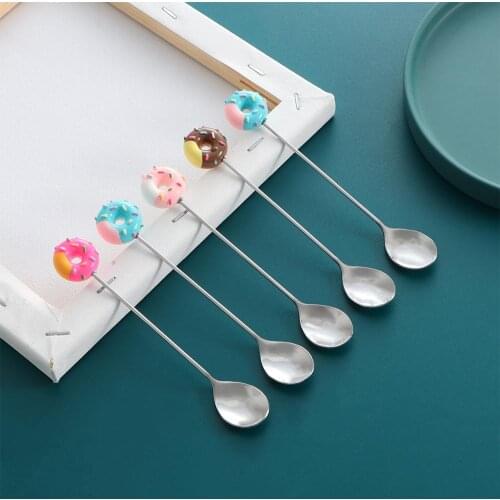 1pc Mini Doughnut Cute Stainless Steel Dessert Spoon Fork Coffee Ice Cream Candy Kitchen Flatware Baby Kids Dinner Tableware