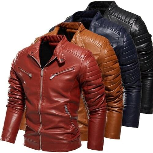 Autumn Winter Mens Leather Fleece Jacket Casual Fashion Stand Collar Motorcycle Jackets Men Slim PU Coats Zipper Pocket Splice